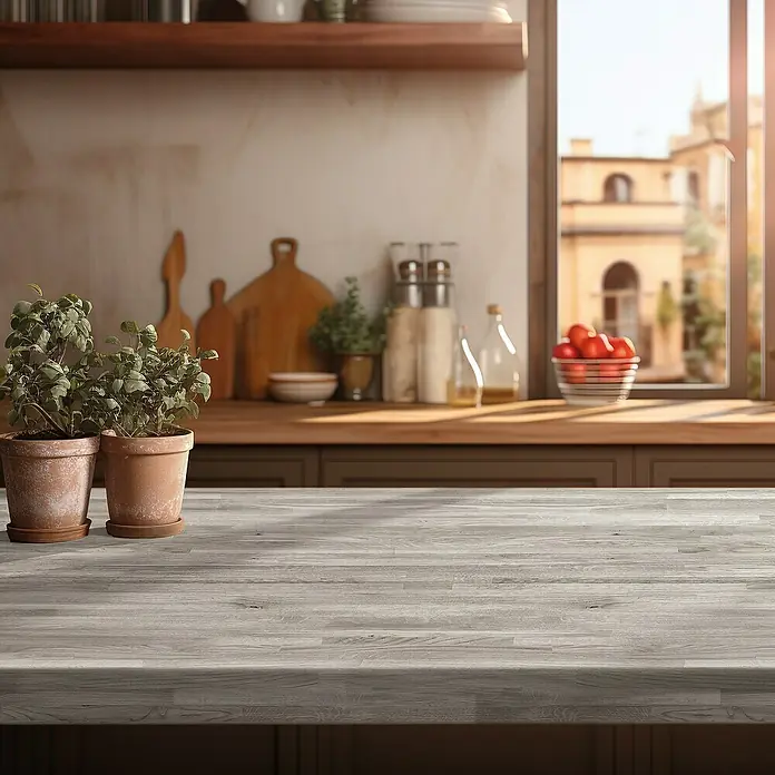 Lámina decorativa autoadhesiva vinílico para encimera - 65 x 200 cm, Malmo gris - Esta imagen muestra una mesa de cocina con plantas en macetas, complementada con utensilios y tablas de cortar al fondo.