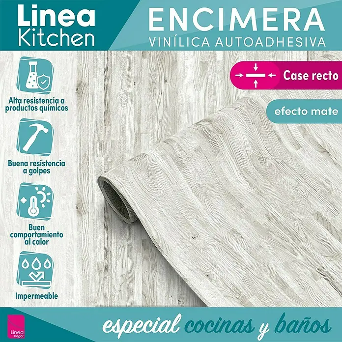 Lámina decorativa autoadhesiva vinílico para encimera - 65 x 200 cm, Malmo gris - Imagen de una encimera de vinilo autoadhesiva "Linea Kitchen" con aspecto de madera, ideal para cocina y baño, con características de calidad.