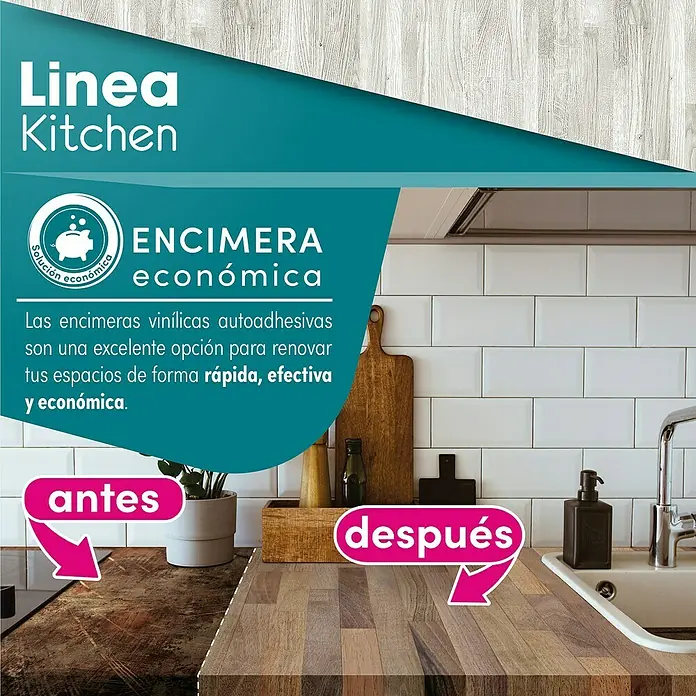 Lámina decorativa autoadhesiva vinílico para encimera - 65 x 200 cm, Malmo gris - Comparación de antes y después de encimeras de cocina: Las encimeras de vinilo autoadhesivas son una excelente opción para una renovación rápida, efectiva y económica.