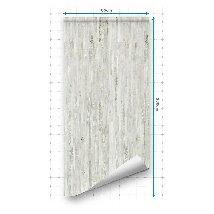 Lámina decorativa autoadhesiva vinílico para encimera - 65 x 200 cm, Malmo gris - Imagen del producto de un rollo de papel pintado con un patrón de vetas de madera clara, que mide 65 cm de ancho y 200 cm de alto.