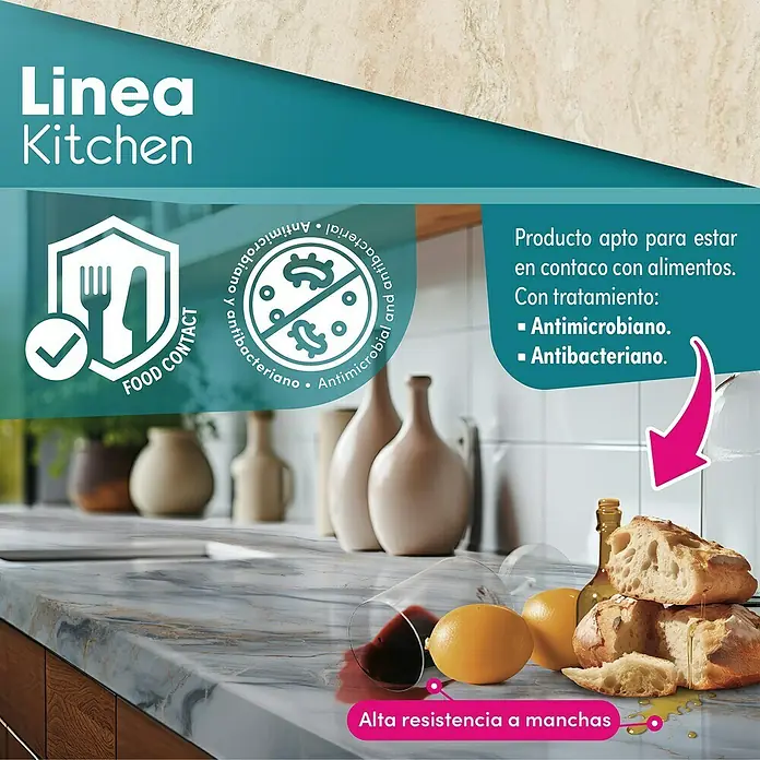 Lámina decorativa autoadhesiva vinílico para encimera - 65 x 200 cm, Triton - La imagen muestra una encimera de cocina Linea con alta resistencia a las manchas, apta para el contacto con alimentos y con tratamiento antimicrobiano/antibacteriano.