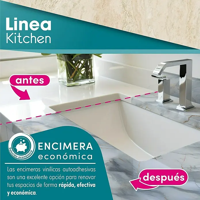 Lámina decorativa autoadhesiva vinílico para encimera - 65 x 200 cm, Triton - Imagen de una encimera de cocina antes y después de aplicar vinilo autoadhesivo para una renovación rápida, efectiva y económica.
