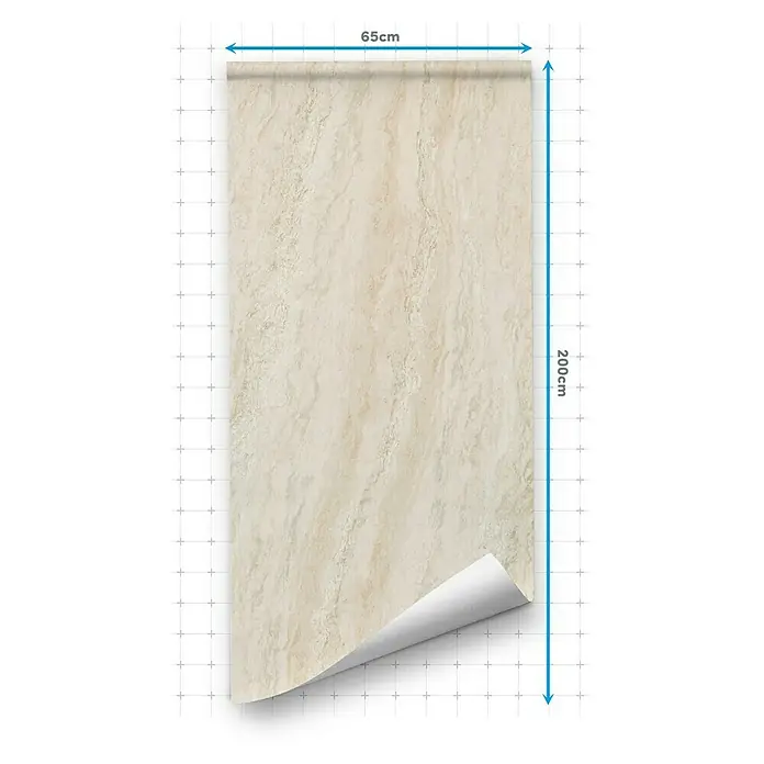 Lámina decorativa autoadhesiva vinílico para encimera - 65 x 200 cm, Triton - Imagen de un rollo de papel tapiz con estampado de mármol con dimensiones (65 cm de ancho, 200 cm de alto), mostrando su textura y tamaño.