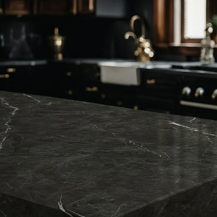 Lámina decorativa autoadhesiva vinílico para encimera - 65 x 200 cm, Valira - Elegante encimera de mármol oscuro en una cocina elegante. La encimera es el lugar perfecto para preparar comidas deliciosas.