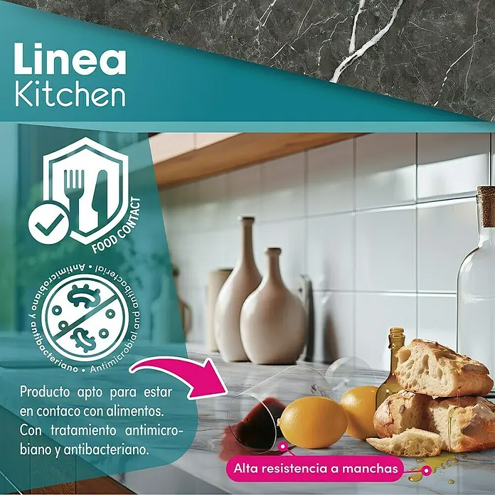 Lámina decorativa autoadhesiva vinílico para encimera - 65 x 200 cm, Valira - "Linea Kitchen": El producto es apto para estar en contacto con alimentos y tiene alta resistencia a manchas.