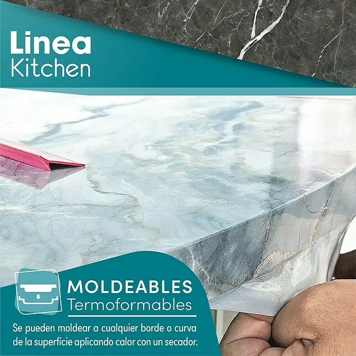 Lámina decorativa autoadhesiva vinílico para encimera - 65 x 200 cm, Valira - La imagen muestra la encimera flexible "Linea Kitchen" con efecto mármol, adaptable a cualquier forma con calor.