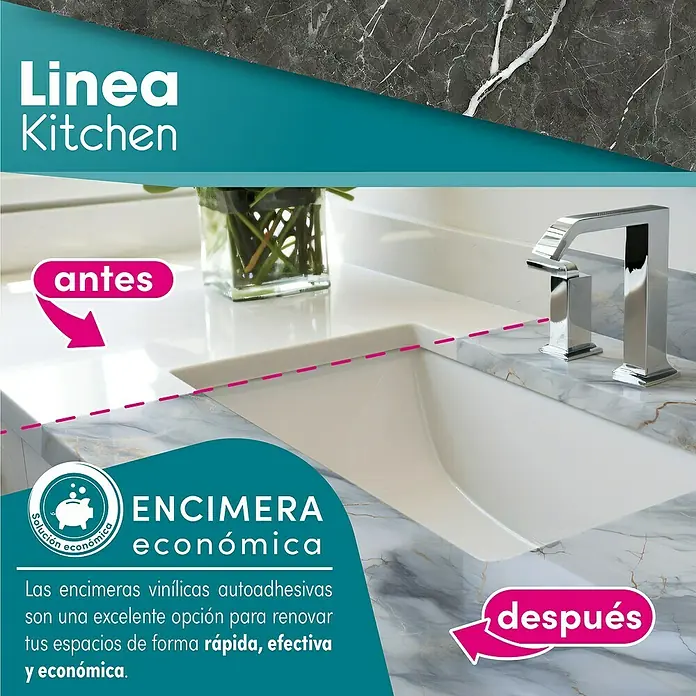 Lámina decorativa autoadhesiva vinílico para encimera - 65 x 200 cm, Valira - Imagen de una encimera de cocina con encimeras de vinilo autoadhesivas, que ofrecen una forma rápida y rentable de renovar.