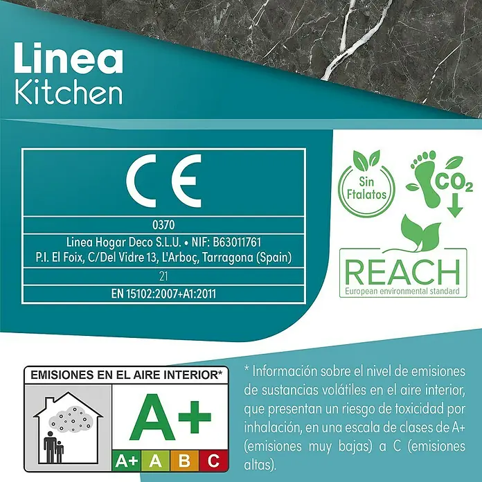 Lámina decorativa autoadhesiva vinílico para encimera - 65 x 200 cm, Valira - Equipamiento de cocina con marca CE, certificación REACH y clase de emisión de aire interior A+, garantizando altos estándares ambientales.