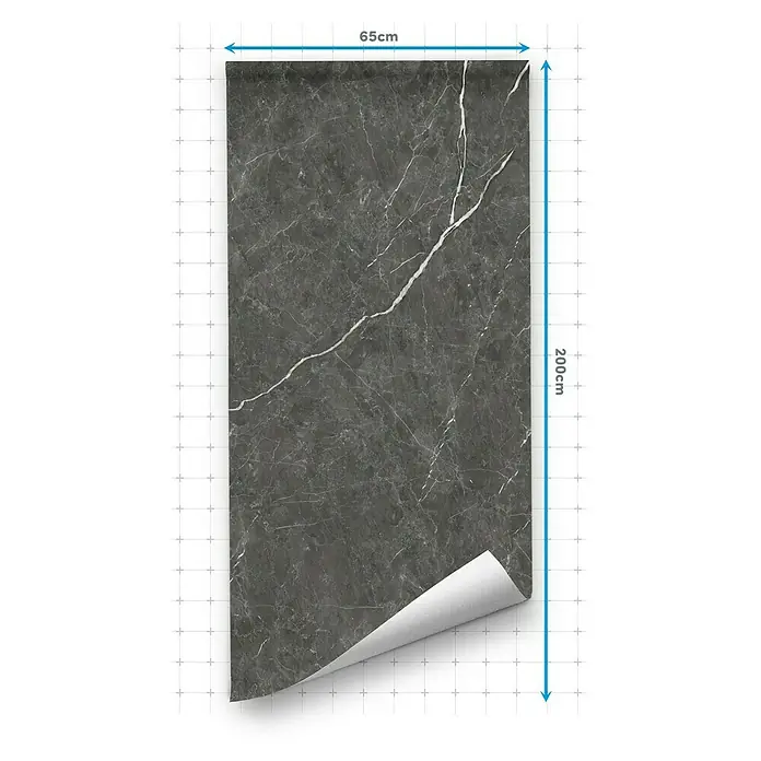 Lámina decorativa autoadhesiva vinílico para encimera - 65 x 200 cm, Valira - Papel pintado de mármol gris, de 65 cm de ancho por 200 cm de largo, que se muestra parcialmente enrollado.
