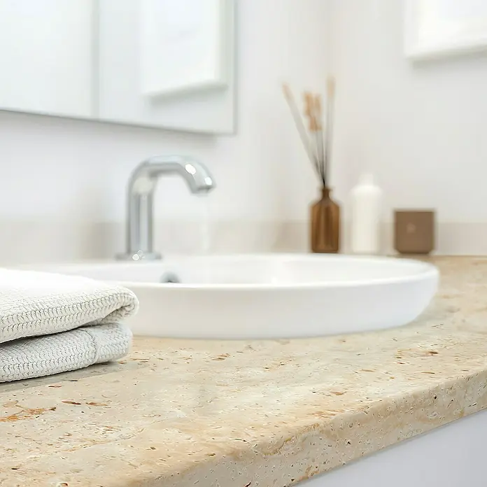 Lámina decorativa autoadhesiva vinílico para encimera - 65 x 200 cm, Corito class - Primer plano de un lavabo con grifo, toallas y elementos decorativos sobre una encimera con textura en el baño.