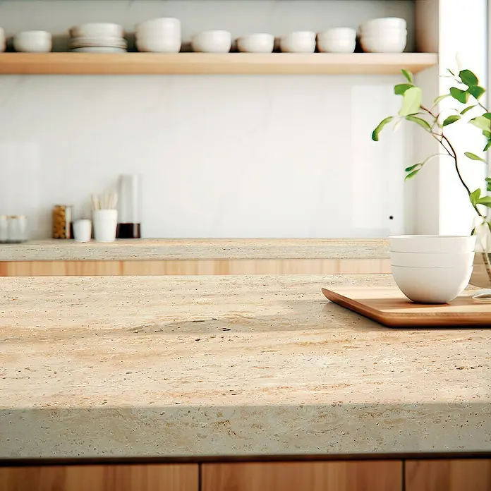 Lámina decorativa autoadhesiva vinílico para encimera - 65 x 200 cm, Corito class - Primer plano de una encimera de cocina de travertino con un bol y una bandeja de madera, destacando la belleza natural y la textura de la piedra.