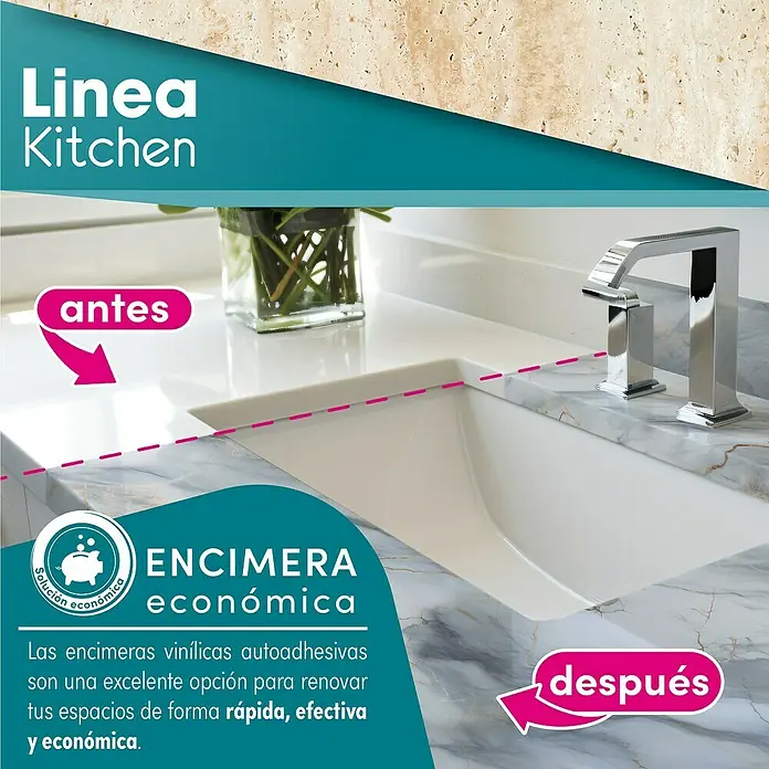 Lámina decorativa autoadhesiva vinílico para encimera - 65 x 200 cm, Corito class - Imagen de una encimera de cocina renovada con vinilo autoadhesivo, con las marcas "Antes" y "Después".