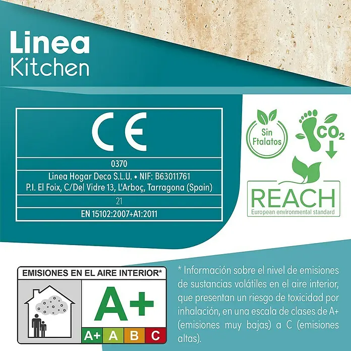 Lámina decorativa autoadhesiva vinílico para encimera - 65 x 200 cm, Corito class - Imagen del producto Linea Kitchen con etiquetas ambientales, marcado CE y clase de emisión A+ para la calidad del aire interior.