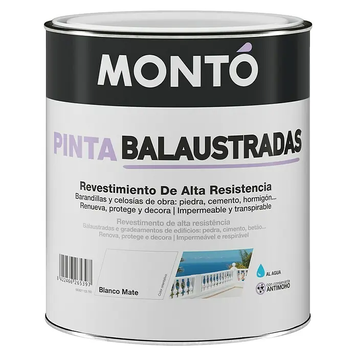 Montó Pintura para fachadas Balaustradas - Blanco, 750 ml, Mate - Bote de pintura Montó Pinta Balaustradas para revestimientos de alta resistencia de piedra, cemento y hormigón en exteriores, color Blanco Mate.