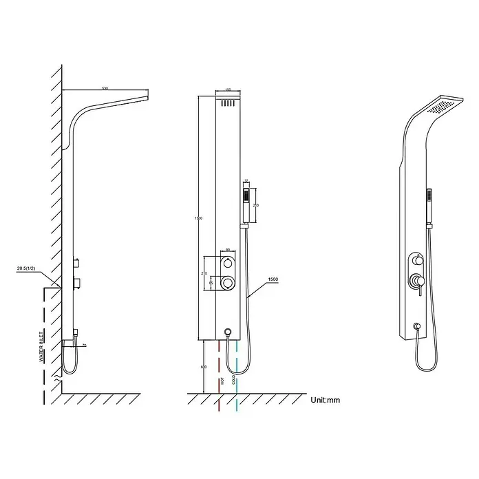 Aurlane Duschpaneel Florenz Stainless Steel - Höhe: 150 cm, Silber/Grau - Technische Zeichnung einer wandmontierten Duschsäule mit Kopfbrause, Handbrause und Bedienknöpfen, inklusive Maßen.