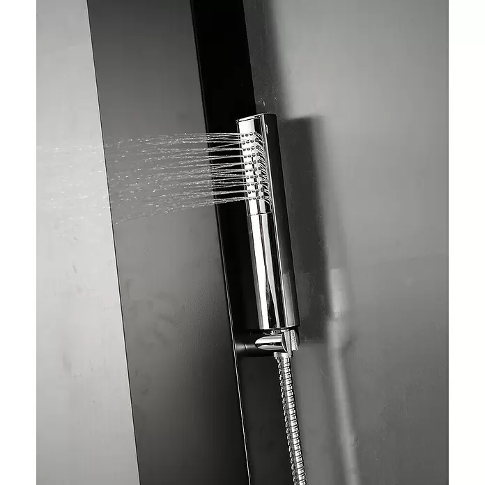 Aurlane Duschpaneel Care Black - Höhe: 150 cm, Schwarz - Rechteckiger Chrom-Duschkopf mit Wasserdüsen, auf schwarzer Platte mit flexiblem Schlauch.