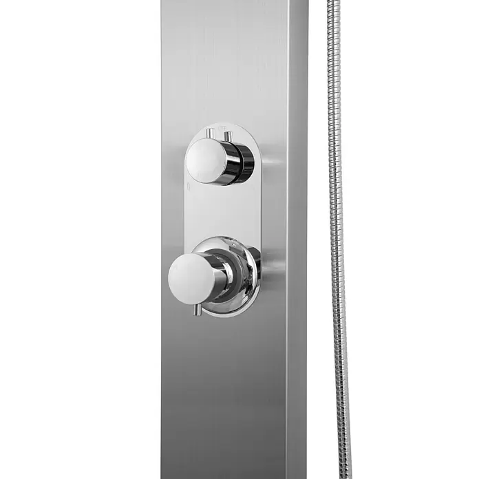 Aurlane Duschpaneel Florenz Stainless Steel - Höhe: 150 cm, Silber/Grau - Gebürstetes Metall-Duschpaneel mit Chrom- und weißen Bedienknöpfen und flexiblem silbernem Duschschlauch.
