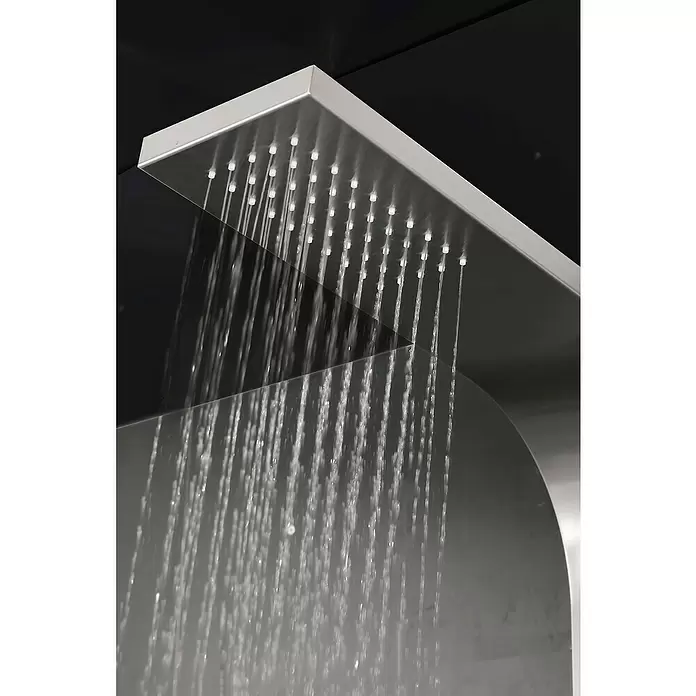 Aurlane Duschpaneel Florenz Stainless Steel - Höhe: 150 cm, Silber/Grau - Silberner, rechteckiger Duschkopf mit Wasserstrahlen, die sich auf einem gekrümmten Paneel spiegeln.