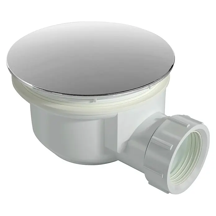 Aurlane Duschwannenablauf - Durchmesser Ablauf: 90 mm, Weiß/Silber - Weißer Duschablauf aus Kunststoff mit runder, verchromter Abdeckung und abgewinkeltem Auslauf.