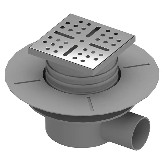 Aurlane Duschwannenablauf - Grau/Weiß/Silber - Quadratischer Duschablauf mit Metallrost, rundem grauem Sockel und Seitenabgang.