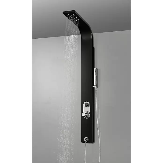Aurlane Duschpaneel Care Black - Höhe: 150 cm, Schwarz - Schwarzes Duschpaneel mit integrierter Kopf- und Handbrause, Chromarmaturen und fließendem Wasser.