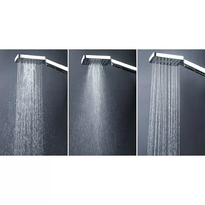 Aurlane Duschsystem Bayala Square Chrome 118 - Anzahl Strahlarten: 3 Stk., Silber - Rechteckiger Chrom-Duschkopf zeigt drei Wasserstrahlarten: voll, konzentriert und Strahl.