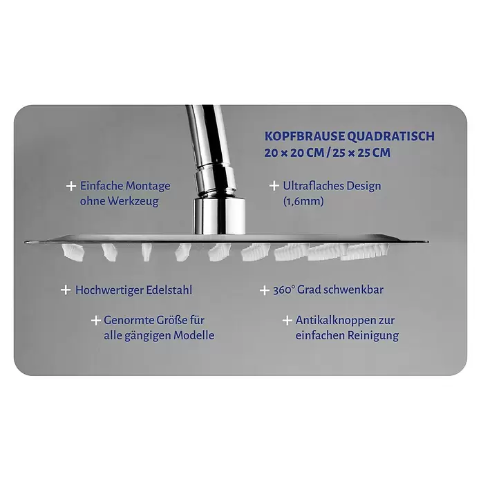 Aurlane Kopfbrause - B x L: 25 x 25 cm, Silber - Quadratischer, ultraflacher Duschkopf aus Edelstahl mit Antikalknoppen und schwenkbarem Gelenk.
