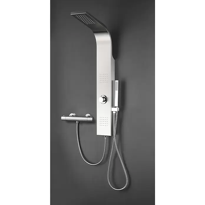Aurlane Brausethermostat - Silber - Duschpaneel aus gebürstetem Metall mit Kopfbrause, Massagedüsen, Handbrause und Thermostatmischer.