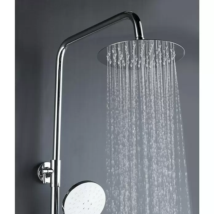 Aurlane Duschsystem Bayala Round Chrome 118 - Anzahl Strahlarten: 3 Stk., Silber - Verchromtes Duschsystem mit Regenduschkopf, der Wasser sprüht, und einer Handbrause.