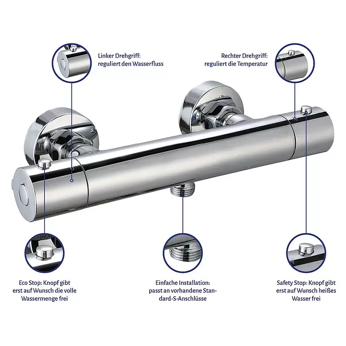 Aurlane Brausethermostat - Silber - Glänzende Chrom-Thermostat-Duscharmatur mit Griffen für Wasserdurchfluss und Temperatur, sowie Eco- und Sicherheitstasten.