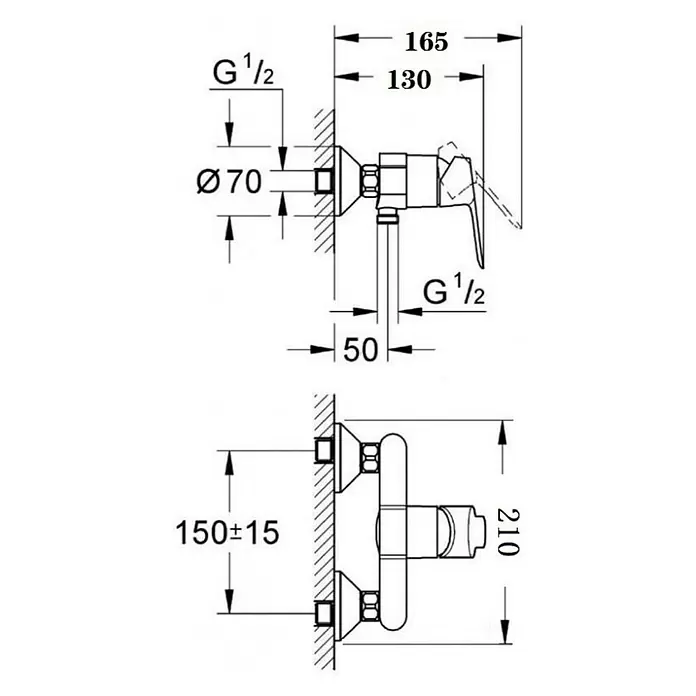 Aurlane Brausearmatur - Silber - Technische Zeichnung einer Wand-Duscharmatur mit Einhebelmischer, G 1/2 Anschlüssen und Installationsmaßen.