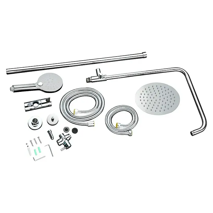 Aurlane Duschsystem Bayala Round Chrome 118 - Anzahl Strahlarten: 3 Stk., Silber - Chrom-Duschset mit Hand- und Regenbrause, flexiblen Schläuchen und diversen Beschlägen zur Montage.