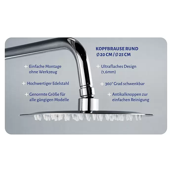 Aurlane Kopfbrause - Durchmesser: 25 cm, Silber - Runder, verchromter Edelstahl-Duschkopf mit ultraflachem Design und weißen Antikalkdüsen.