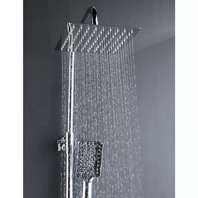 Aurlane Duschsystem Bayala Square Chrome 118 - Anzahl Strahlarten: 3 Stk., Silber - Verchromtes Duschsystem mit quadratischem Regenduschkopf und Handbrause, Wasser fließt.