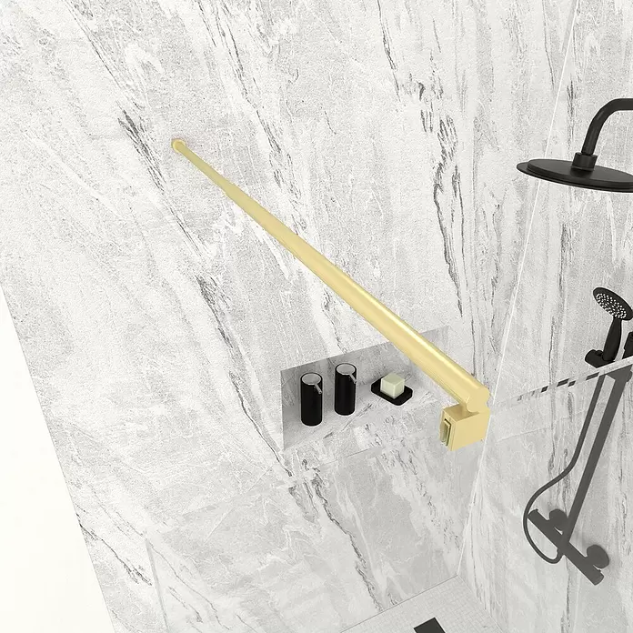 Aurlane Stabilisations-Set Parma Gold - Auszugslänge: 70 cm - 100 cm, Gold - Goldene Duschstange, schwarze Seifenspender und Seifenschale in einer modernen Dusche.