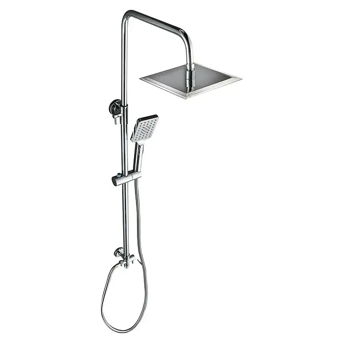 Aurlane Duschsystem Bayala Square Chrome 118 - Anzahl Strahlarten: 3 Stk., Silber - Verchromtes Duschsystem mit quadratischem Regenduschkopf, Handbrause und vertikaler Stange.