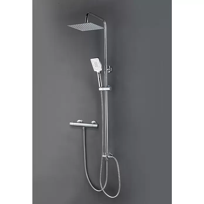 Aurlane Brausethermostat - Silber - Verchromtes Duschsystem mit quadratischem Regenduschkopf, Handbrause und Thermostatmischer.