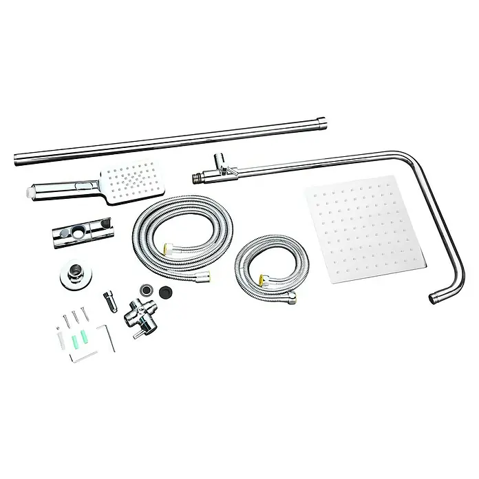 Aurlane Duschsystem Bayala Square Chrome 118 - Anzahl Strahlarten: 3 Stk., Silber - Verchromtes Duschsystem-Set mit Handbrause, quadratischem Duschkopf, zwei Schläuchen und Montageteilen.