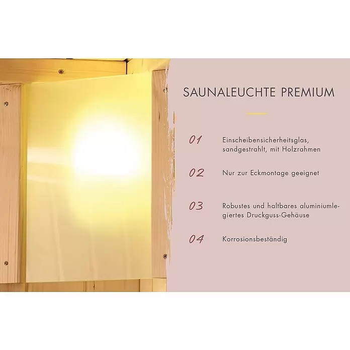 Karibu Massivholzsauna Usakos - 9 kW Saunaofen mit externer Steuerung, L x B x H: 196 x 196 x 228 cm - Saunaleuchte aus sandgestrahltem Sicherheitsglas mit Holzrahmen, in einer Sauna montiert.