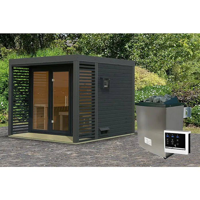 Karibu Saunahaus Ares - Elektroofen, Steuerung Ofen: Extern, L x B x H: 276 x 276 x 231,5 cm - Draufsicht auf eine moderne Sauna mit Holzbänken und einem elektronischen Ofen mit Steinen in einem üppigen Garten.