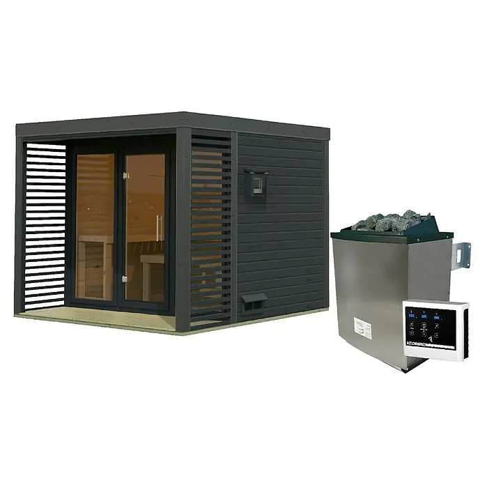 Karibu Saunahaus Ares - Elektroofen, Steuerung Ofen: Extern, L x B x H: 276 x 276 x 231,5 cm - Dunkelgraue Außensauna mit Glastüren und separatem Saunaofen aus Edelstahl mit Bedienfeld und Saunasteinen.