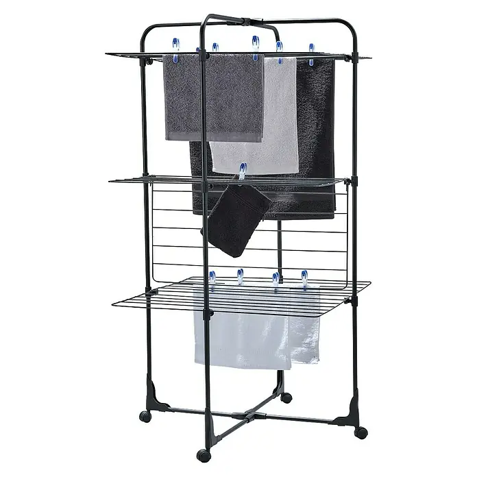 Leifheit Turm-Wäscheständer ClassicTower 270 Black - Länge Wäscheleine: 27 m, L x B x H: 68 x 68 x 126 cm, Schwarz - Wäscheständer mit mehreren Ebenen und Handtüchern in verschiedenen Farben zum Trocknen von Kleidung.
