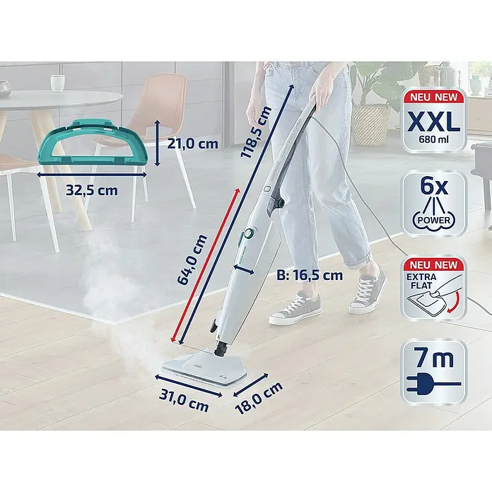 Leifheit Dampfreiniger CleanTenso Power - Aufheizzeit: 30 s, Behältervolumen: 0,68 l - Das Bild zeigt einen Dampfreiniger mit seinen Abmessungen, einschließlich Höhe, Breite und Länge des Reinigungskopfes.