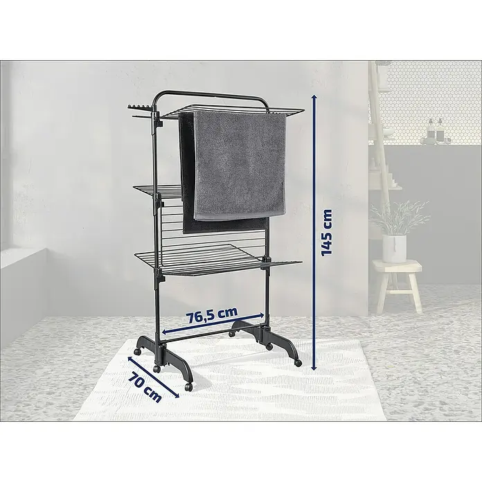 Leifheit Turm-Wäscheständer Comfort 420 Black - Länge Wäscheleine: 42 m, L x B x H: 76,5 x 70 x 145 cm, Schwarz - Eine Wäscheständer-Konstruktion mit drei Ebenen und Maßen von 145 cm Höhe, 76,5 cm Breite und 70 cm Tiefe.