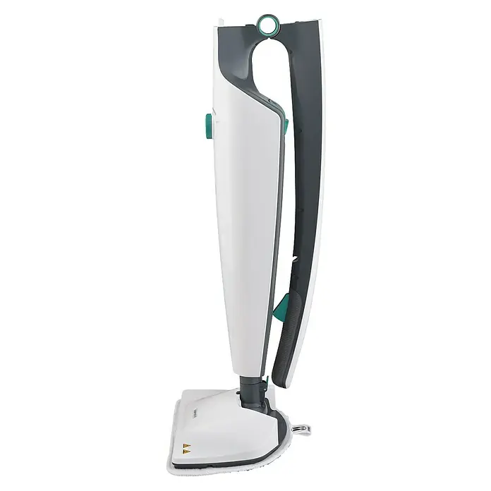 Leifheit Dampfreiniger CleanTenso Power - Aufheizzeit: 30 s, Behältervolumen: 0,68 l - Nahaufnahme eines weißen Dampfreinigers mit grauem Griff und dreieckigem Kopf mit angebrachtem Reinigungspad.