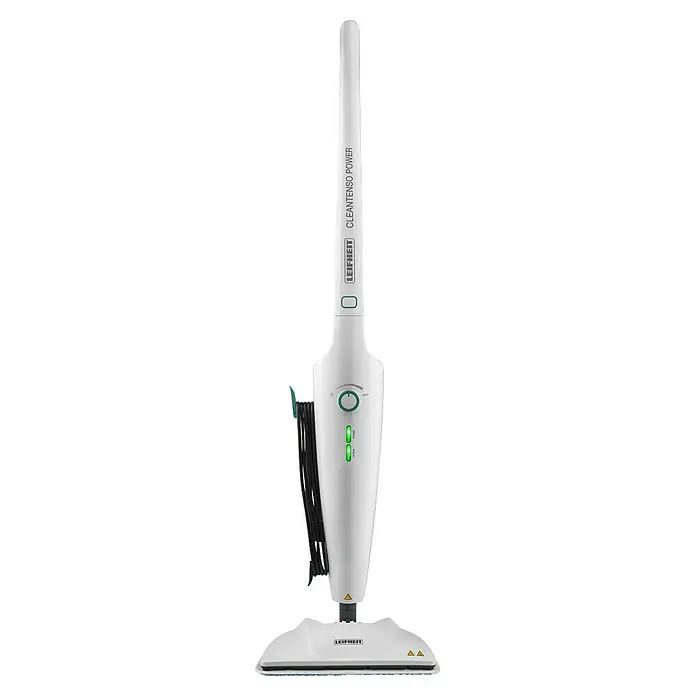 Leifheit Dampfreiniger CleanTenso Power - Aufheizzeit: 30 s, Behältervolumen: 0,68 l - Das Bild zeigt den Leifheit CleanTenso Power Dampfreiniger in Weiß, ein praktisches Gerät für die hygienische Reinigung von Böden.