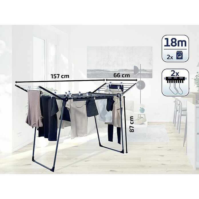 Leifheit Flügel-Wäscheständer Pegasus 180 Solid Black (Länge Wäscheleine: 18 m, Schwarz, B x T x H: 157 x 66 x 87 cm) | BAUHAUS