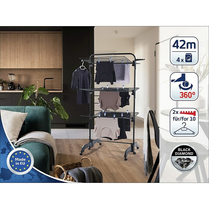 Leifheit Tendedero de torre Comfort 420 Black (Longitud cuerda de tender: 42 m, L x An x Al: 76,5 x 70 x 145 cm, Negro) | BAUHAUS