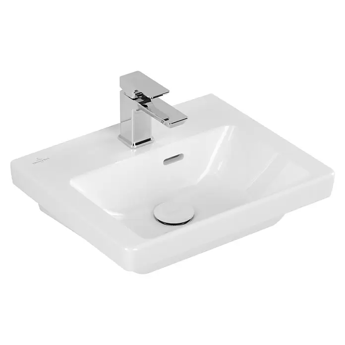 Villeroy & Boch Subway 3.0 Handwaschbecken - 45 x 37 cm, Mit schmutzabweisender Glasur, Hahnloch: Mitte, Mit Überlauf, Weiß Alpin, Waschbecken geeignet für: Halbsäule - Weißes Keramikwaschbecken mit integrierter Chromarmatur und weißer Ablaufabdeckung.