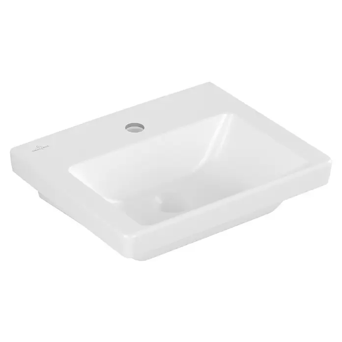 Villeroy & Boch Subway 3.0 Handwaschbecken - 45 x 37 cm, Mit schmutzabweisender Glasur, Hahnloch: Mitte, Ohne Überlauf, Stone White - Weißes rechteckiges Keramikwaschbecken mit Hahnloch.